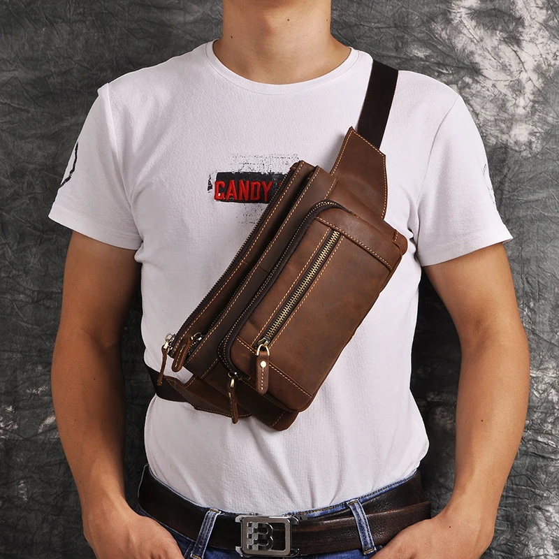 Original Genuine Leather men Coffee Retro Travel Waist Belt Bag Chest Pack Sling Bag Design 8\