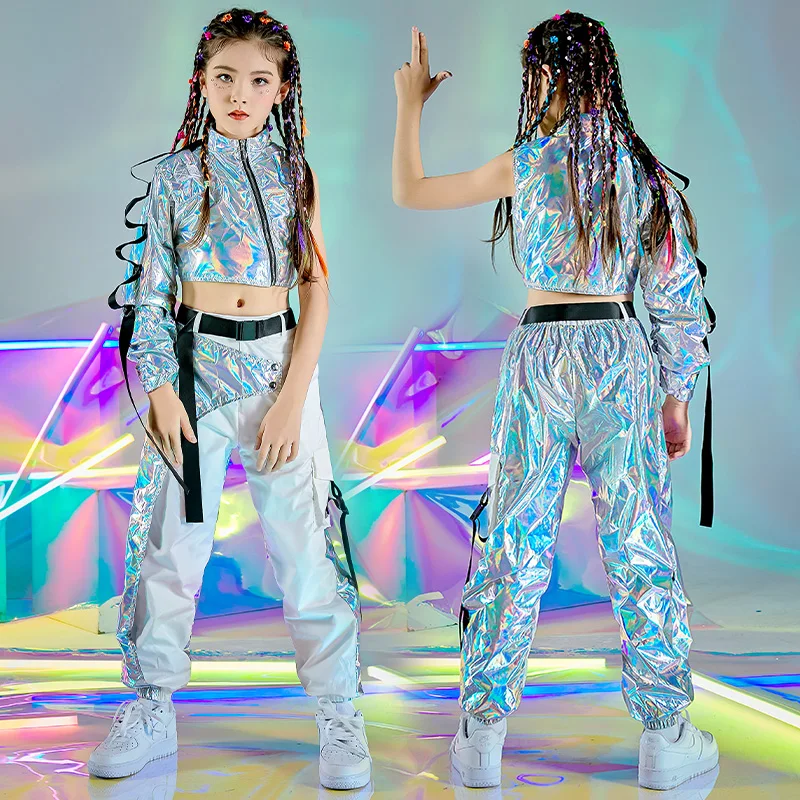 Hip-Hop Dance Clothes Reflective Rave Outfit Girl Sets Jazz Dancewear Festival Crop Tops Cargo Pants Catwalk Show Costume DL8320