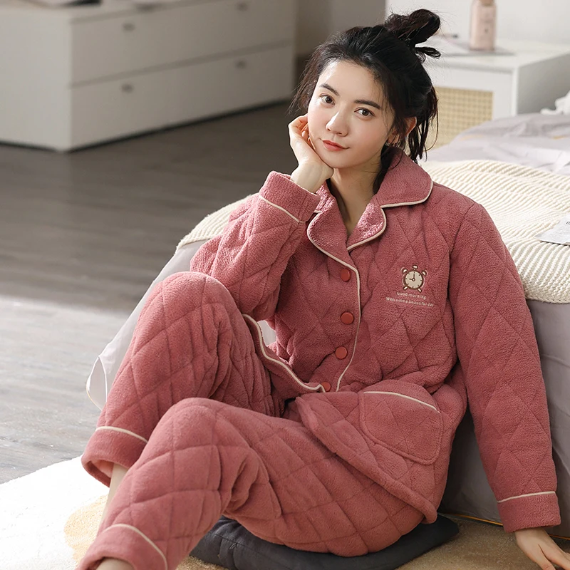 

New Women Winter Velvet Pajamas 3 Layer Padded Warm Home Clothing Cardigan Thick Pajamas Set