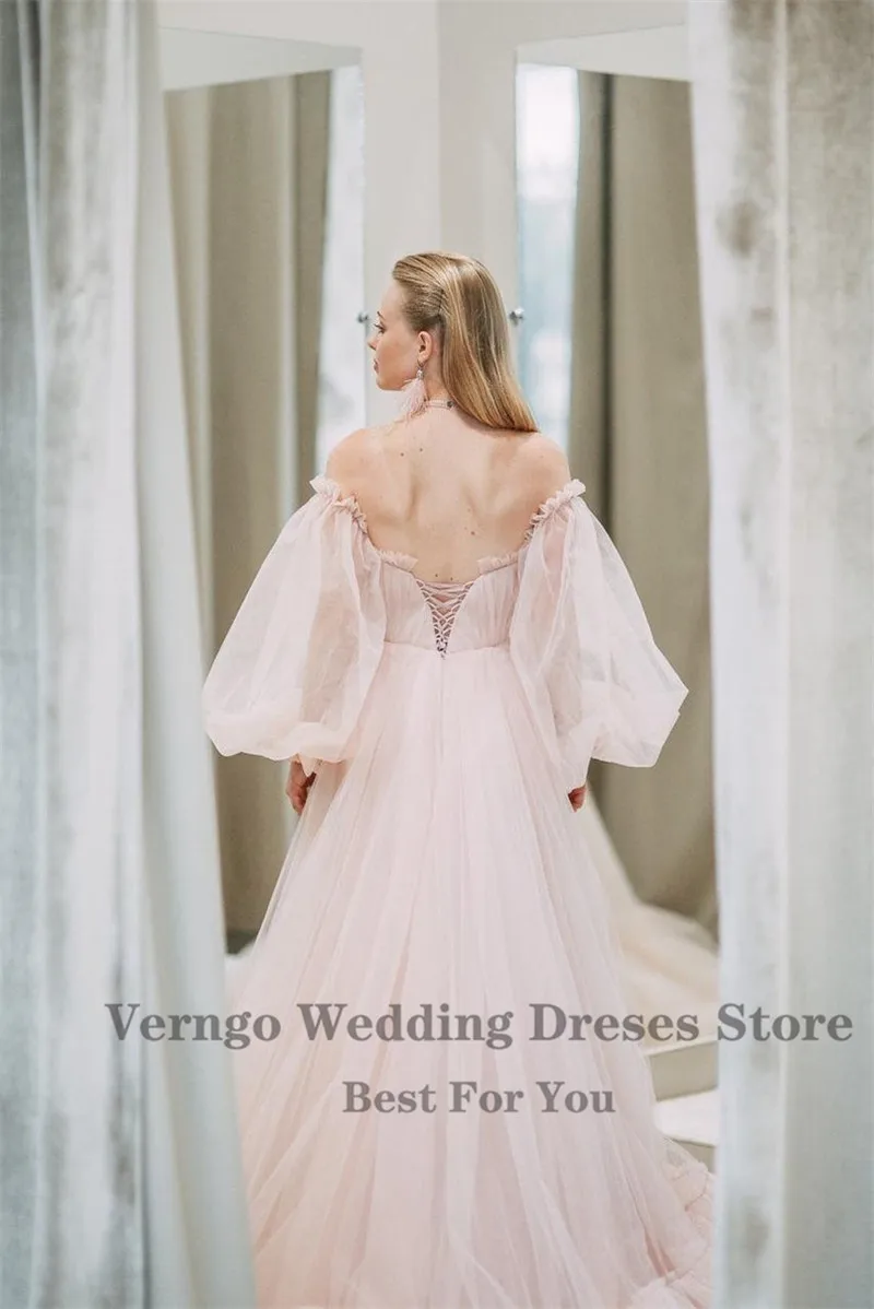 Verngo Elegante Roze Trouwjurk 2021 Zachte Tule Rok Blush Tulle Bruidsjurken Plus Size Lange Staart Simple Wedding Party jurk