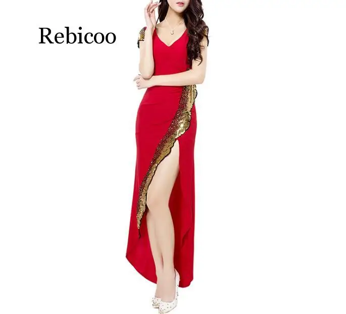 

High Quality Women Clothing V-neck Sequins Dress Summer High Open Fork Elegant Dress Fashion Club Party Irregular Dress