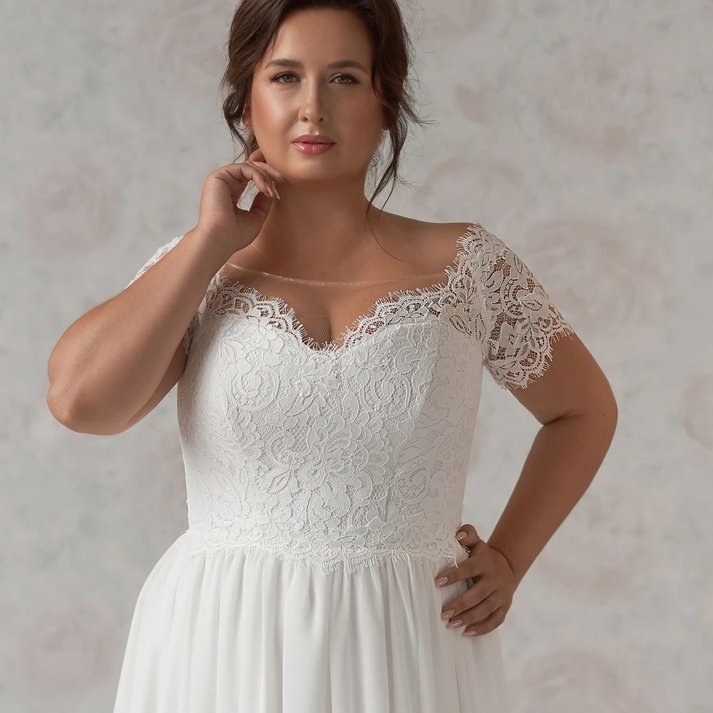 Elegant Plus Size Trouwjurken Chiffon Strand Bruidsjurk Met Kant Lijfje Korte Mouwen Bruid Jurk 2020