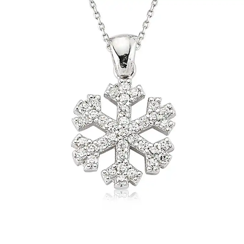 Silver Snow Snowflake Lady Necklace Zircon Stone 925 Sterling Women Fine Jewelry Wedding Party Birthday Gift - Box - Pendant - Chain Choker - Female - Ladies - Fashion