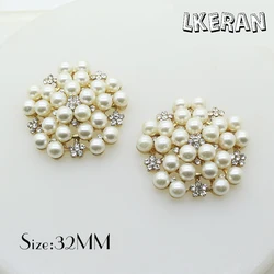 LKERAN 2PC 32mm Big Flower Pearl Bead Flower Metal Rhinestone Buttons Decorative DIY Jewelry Accessories