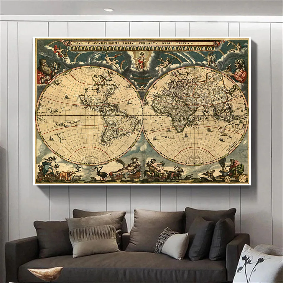 90*60cm Vintage mapa świata średniowieczny klasyczny plakat latynoski dekoracyjne płótno malarstwo szkolne przybory do salonu dekoracja wnętrz