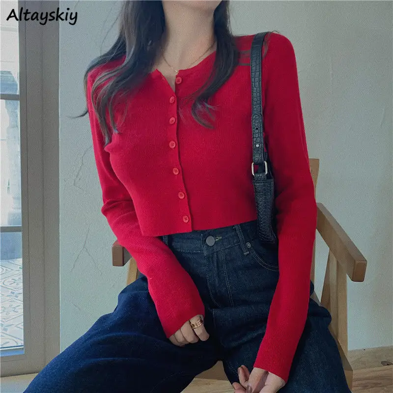 Cardigan da donna Solido O-Collo lavorato a maglia elastico stile Bm Trendy accogliente retrò fata dolce Kawaii Ulzzang All-match Crop Top Hot Slim