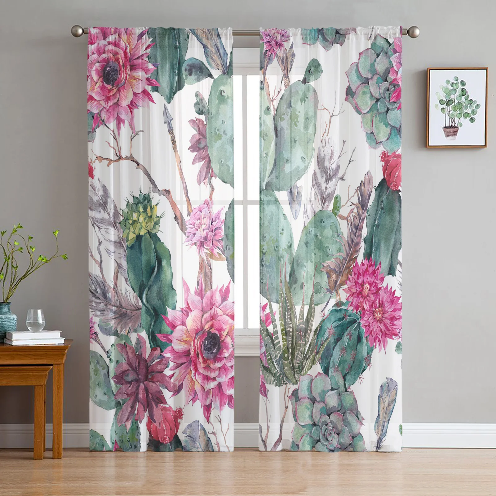 Tropical Plant Green Cactus Pink Flower Sheer Curtains for Living Room Tulle for Windows Voile Yarn Short Bedroom Curtains