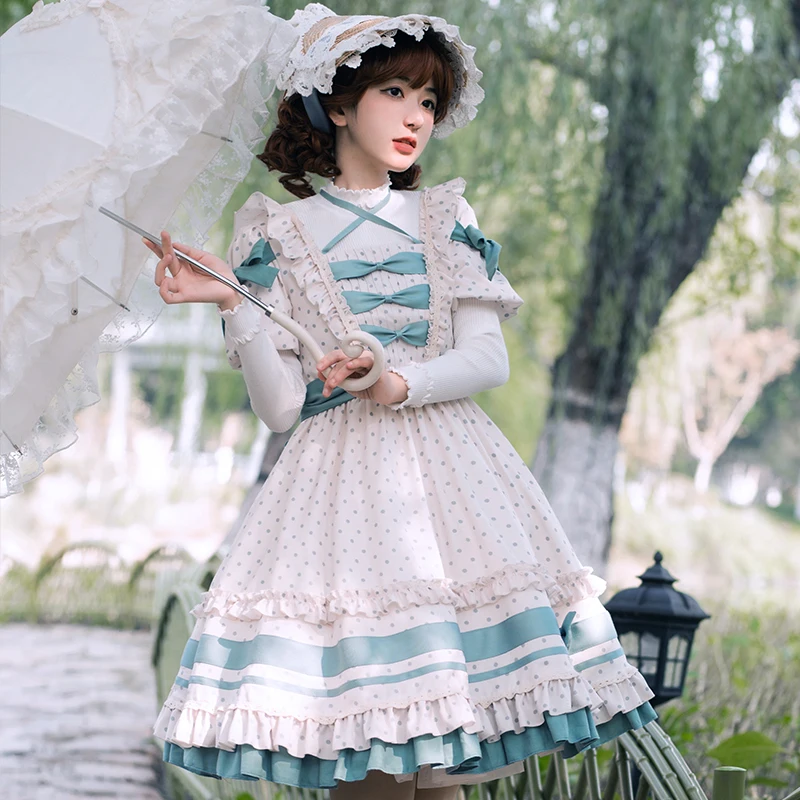 

Fresh Lolita Pastoral Soft Girl Daily Dress Polka Dot Lolita Dress High Waist Lace Bowknot Ruffle Cosplay Lolita Loli Op