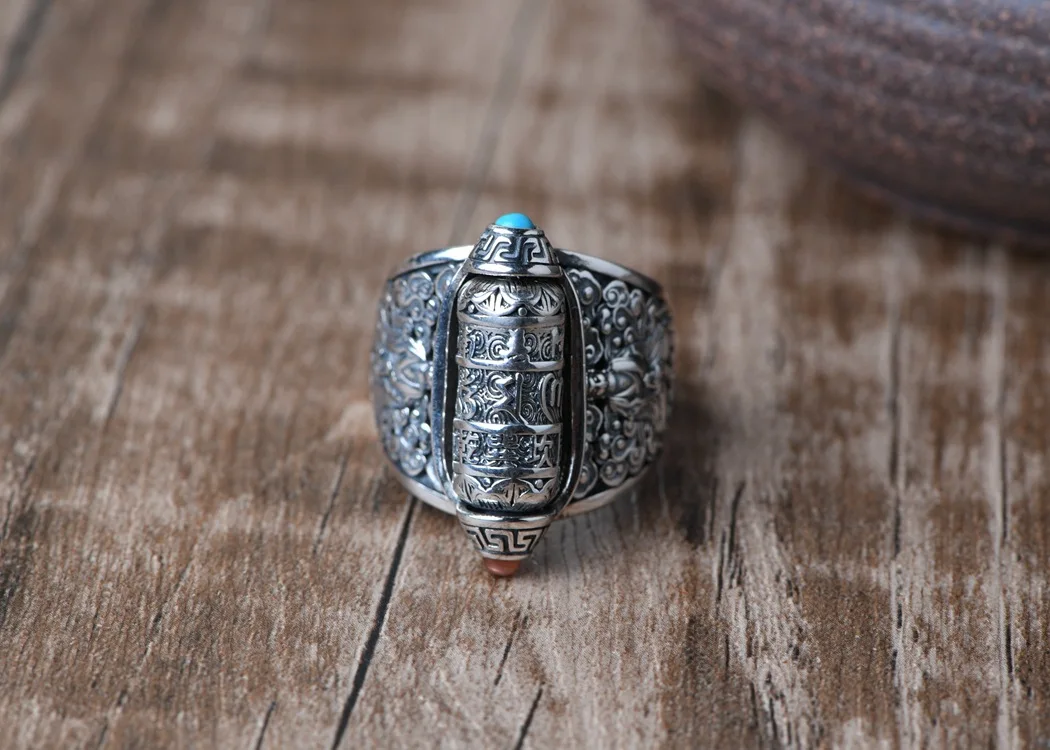 Handmade 100% 925 Silver Tibetan Six Words Prayer Wheel Ring Buddhist Amitabha Buddha Ring Good Luck Man Ring Resizable