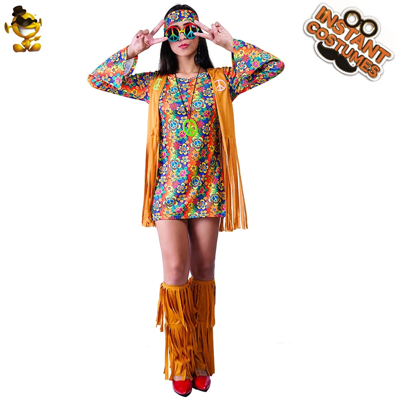 Women's Retro Hippie Costume with Ankle Socks Halloween Role Play Outfit Cosplay Adult Flower Hippie Dress (Size S,M,L)