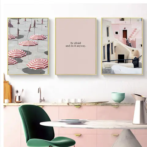 Pink Parasols Wall Art Decoration Canvas Painting Santorini Buildings Posters And Prints Letter Wall Pictures For Living Room