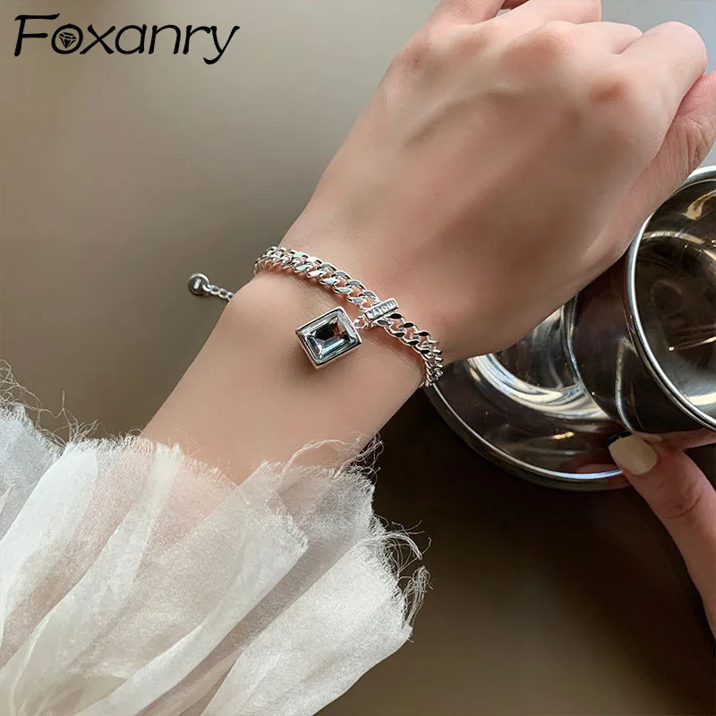 FOXANRY Silver Color Bracelets for Women Fashion Hip Hop Vintage Couples Simple White Zircon Party Jewelry Birthday Gifts