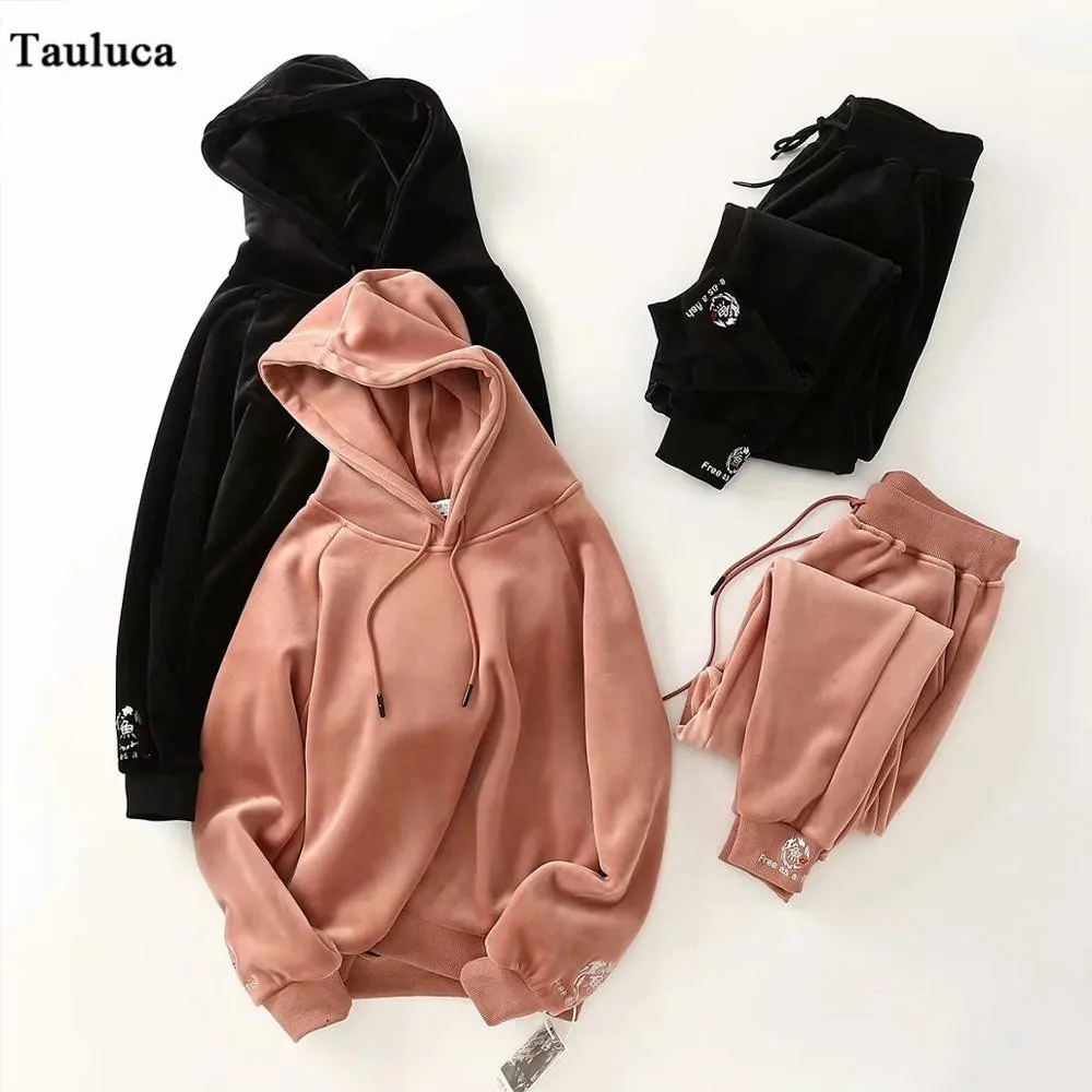 

Women Two Pieces Set New Hoodies Plush Solid Embroidery Harajuku Draw String Sweatshirt Tops Bottoms Graphic Hoodies Black Pink