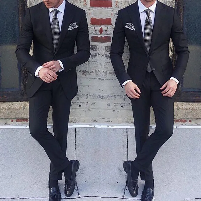 New Classic Style Groom Tuxedos Two Button Black Peak Lapel Groomsmen Best Man Suit Mens Wedding Suits (Jacket+Pants)