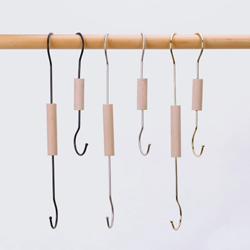 10pcs/lot Beech Wood Metal Clothes Hanger S Shape Clothing Hook Multifunction Hangers for Bag Belts Ties Pants Towels