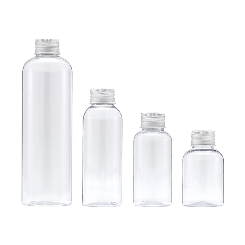 

50ml 75ml 100ml 250ml Aluminum Screw Lid Empty Clear Plastic Round Cosmetic Packaging Bottle Travel Refillable Container 25Pcs