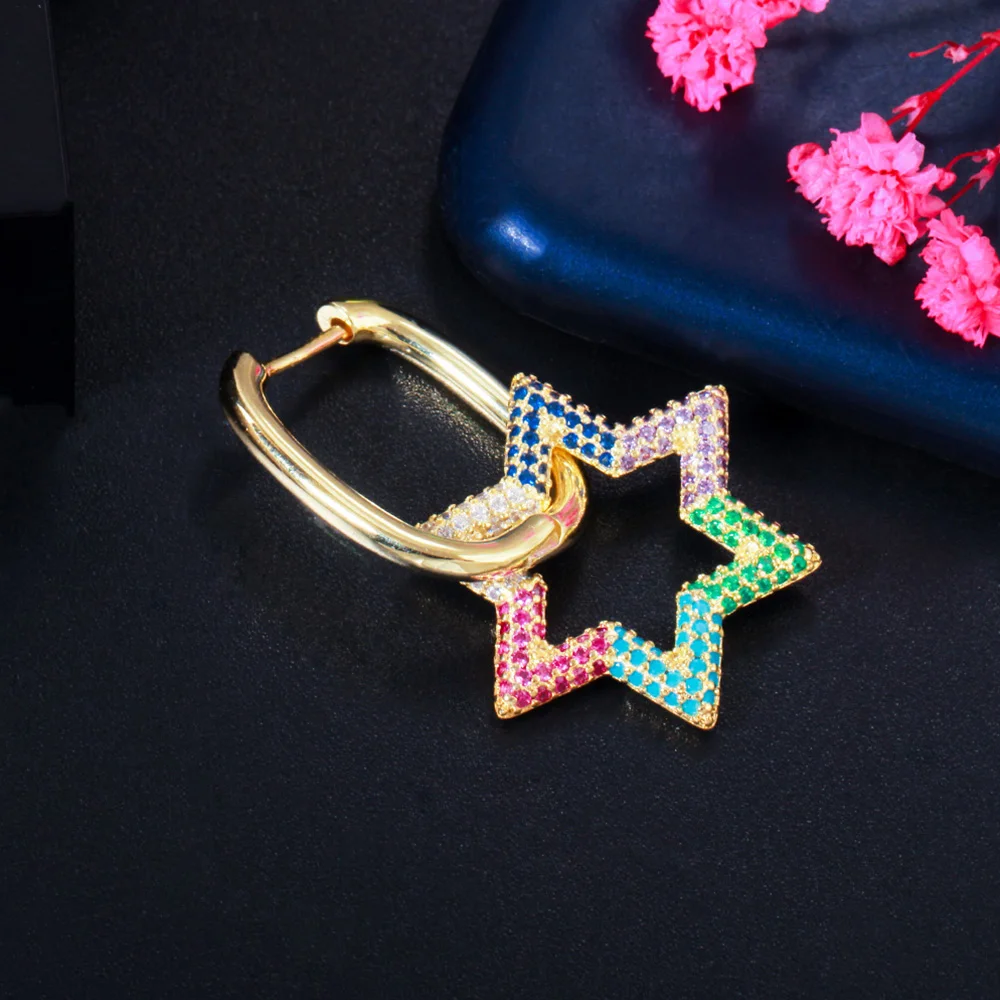Pera Unique Dangle Big Colorful Hollow Star Shape CZ Zircon 1 Piece Gold Color Hoop Earrings for Women Party Accessories E682