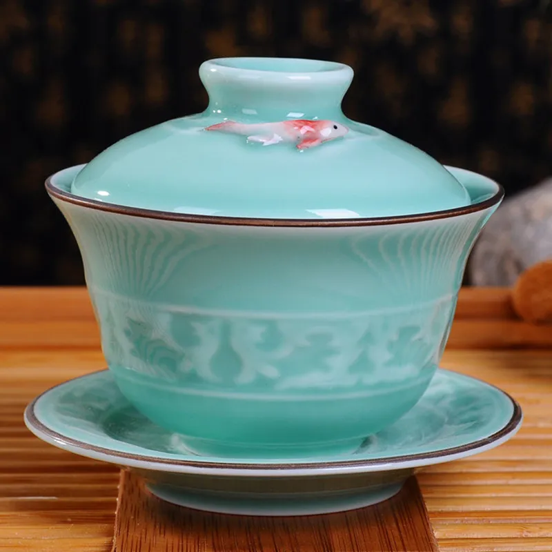 3D Goldfish Tea Tureen Ceramic Longquan Celadon Gaiwan Gongfu Tea Set Tureen Cup