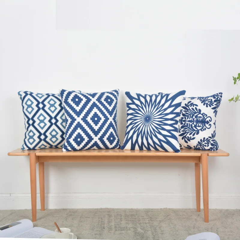 Nordic Geometric Cushion Cover Pillowcase Emboridered Blue Canvas Cotton Embroidery Pillow Cover Sofa Car Home Decorative45x45cm