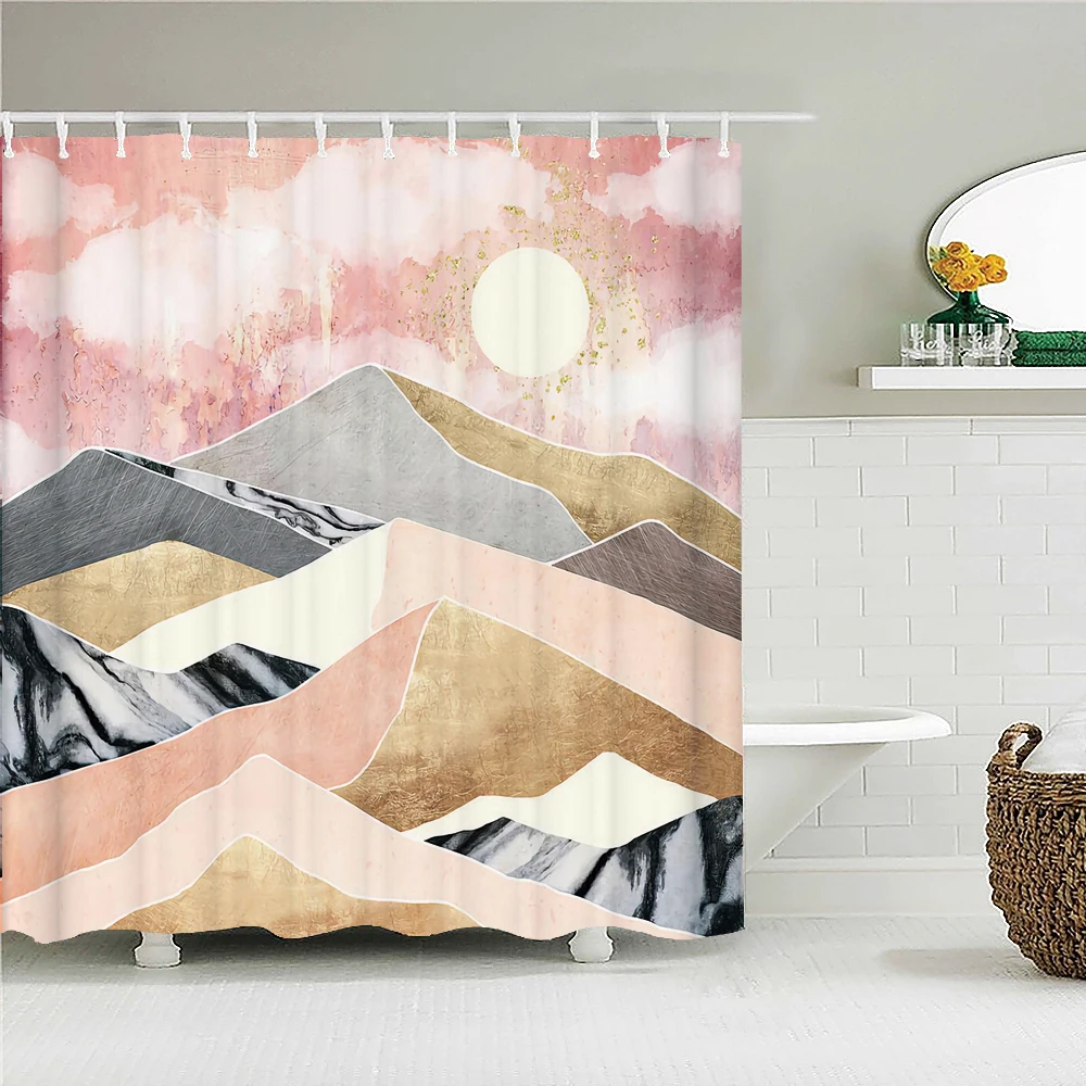 Japanese-style Forest Sun Moon Printed Fabric Shower Curtains landscape Waterproof Bathroom Curtain Bathroom Decor with 12 Hooks