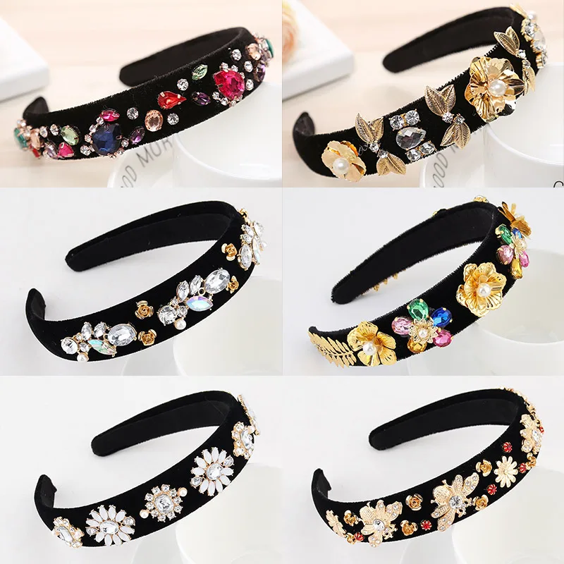 Luxury Baroque Rhinestone Headbands Hair Hoops Bohemia Vintage Colored Crystal Crown Flower Hairband Thick Headbands Wholesale