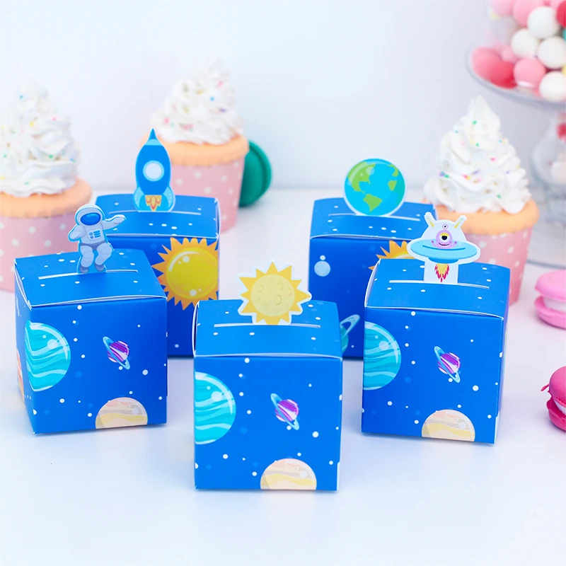 Space Astronaut Birthday Party Supplies Rocket Balloon Gift Box Paper Cups Cake Topper Bottle Label Invitation Banner 43 pcs