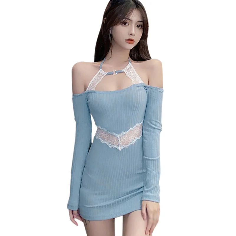 Spring Women  Halter Lace Patchwork Hollow Out Sexy Slim Backless Long Sleeve Dress