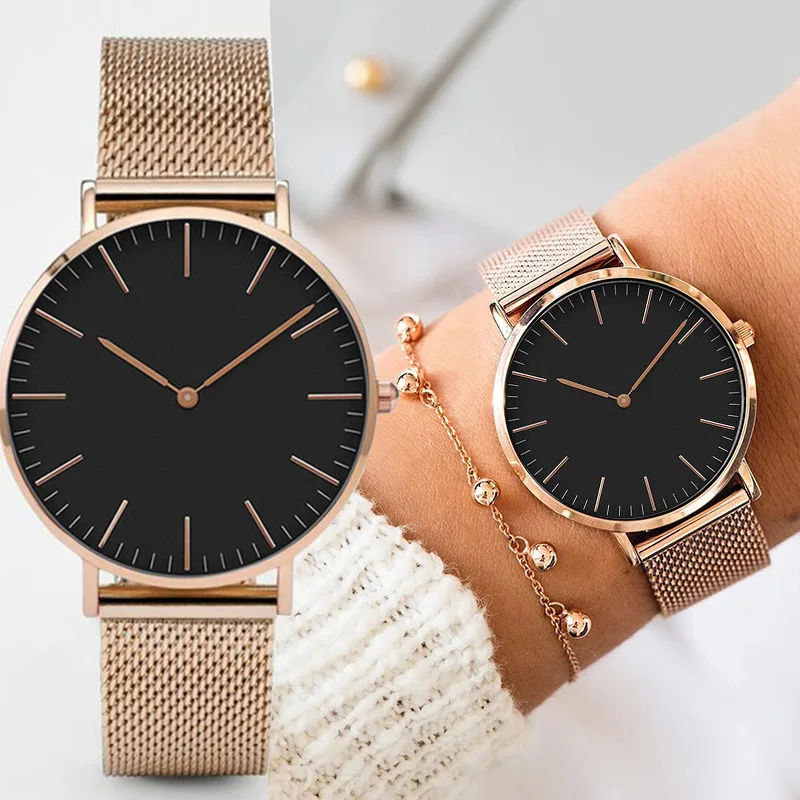 Simple Watch Women Dress Stainless Steel Band Analog Quartz Wristwatch Fashion Luxury Ladies Golden Rose Watch Clock Female