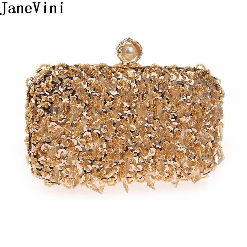 

JaneVini Luxury Gold Diamond Elegant Woman Clutch Wedding Bag Silver Sequined Beads Evening Bags Cartera De Mano Elegante Mujer