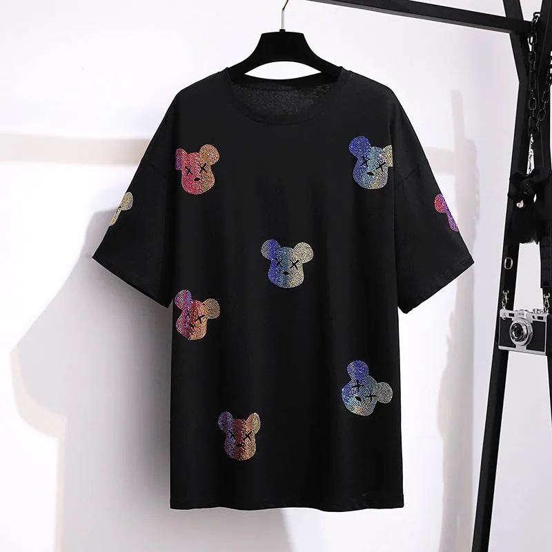 170Kg Plus Size Women's Summer Loose Rhinestone Bear T-Shirt Bust 170cm 6XL 7XL 8XL 9XL 10XL 11XL Short-Sleeved Top Black White