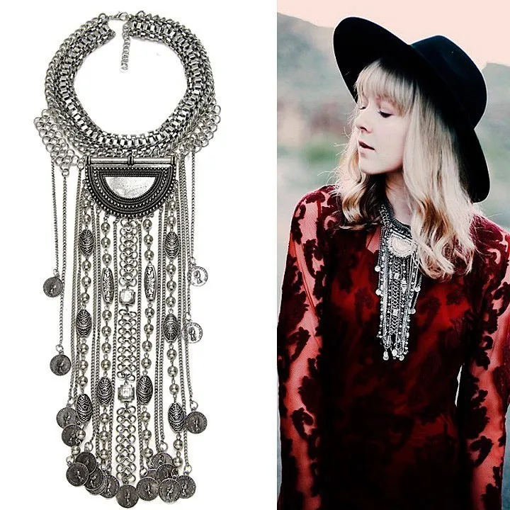 Indian Ethnic Statement Large Collar Necklace Jewelry Women Bohemian Vintage Silvery Coin Maxi Big Necklace Pendant Jewellery