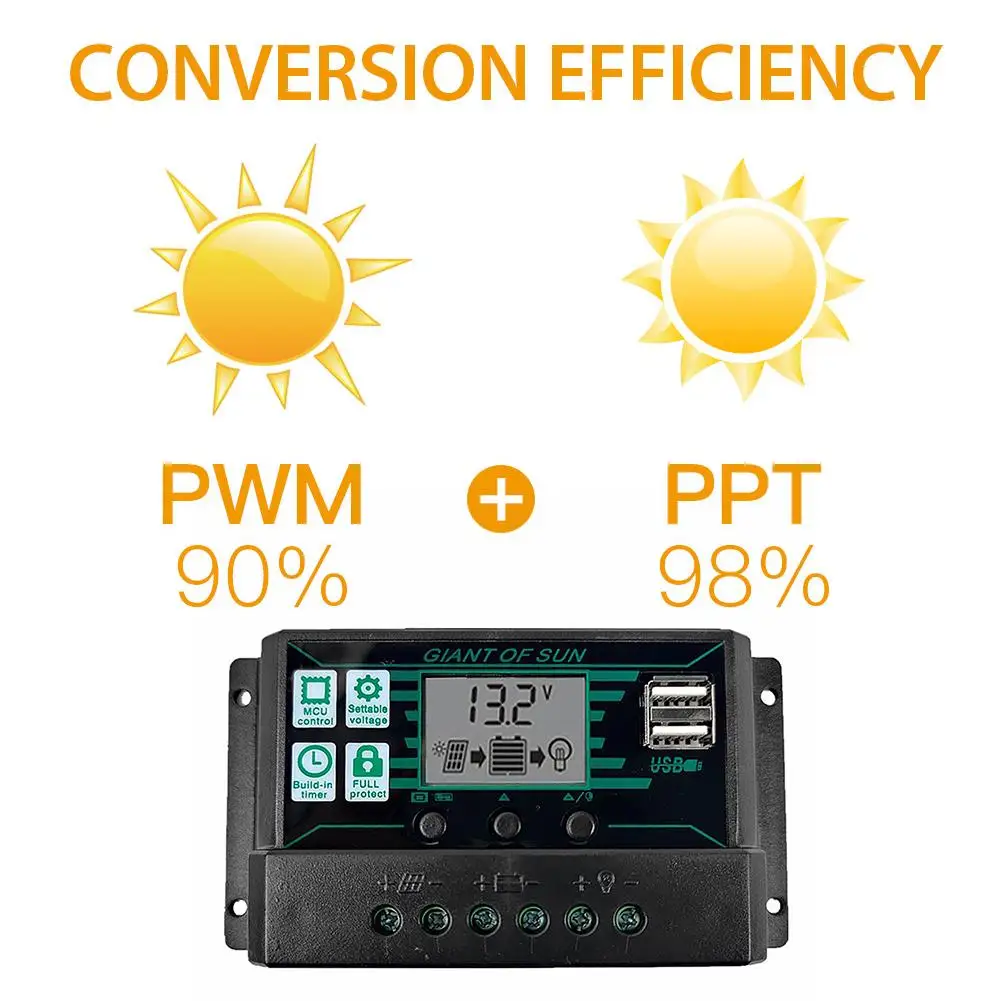 MPPT/PWM Solar Charge Controller Solar Panel Battery Intelligent Regulator Dual USB Port LCD Display 10/20/30/40/50/60/100A