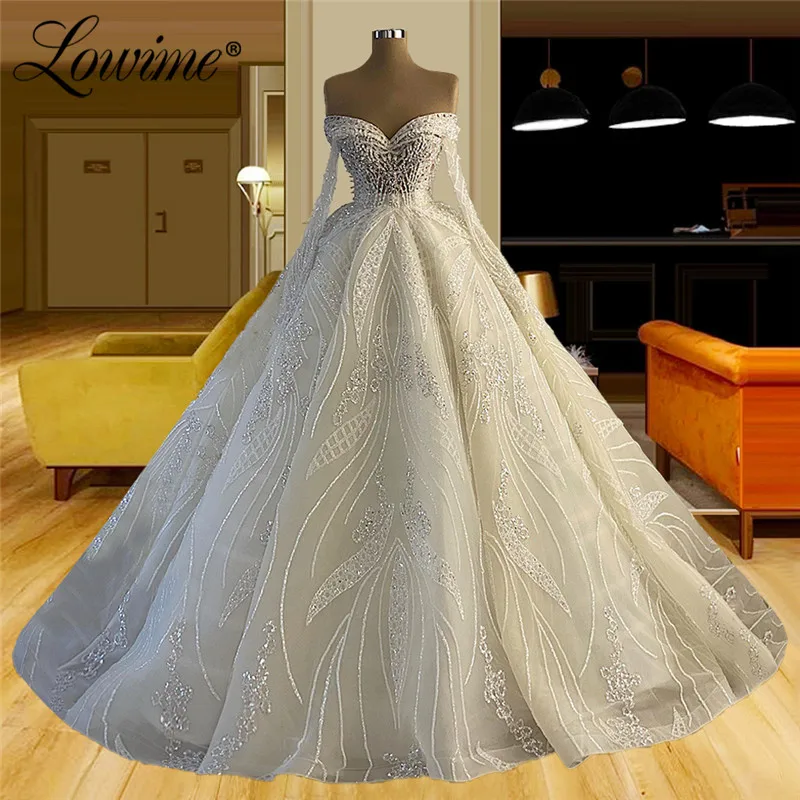 Plus Hochzeit Kleider Elfenbein Perlen Kristalle Puffy Prinzessin Hochzeit Kleid Vestidos De Novia Lange Ärmel Luxus Brautkleider Bräute