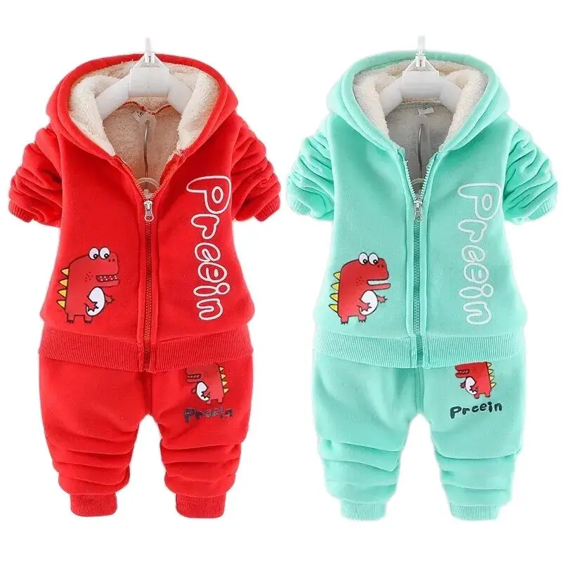 Set di vestiti per neonati caldi in peluche spessi Set di abbigliamento per dinosauri di cartone animato invernale per ragazzi felpe con cappuccio