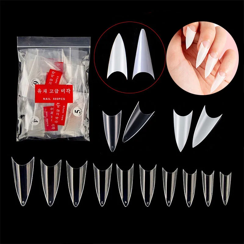 

500Pcs/bag Short Stiletto Nail Tips Clear/Natural Color Artificial Acrylic Transparent French False Nails