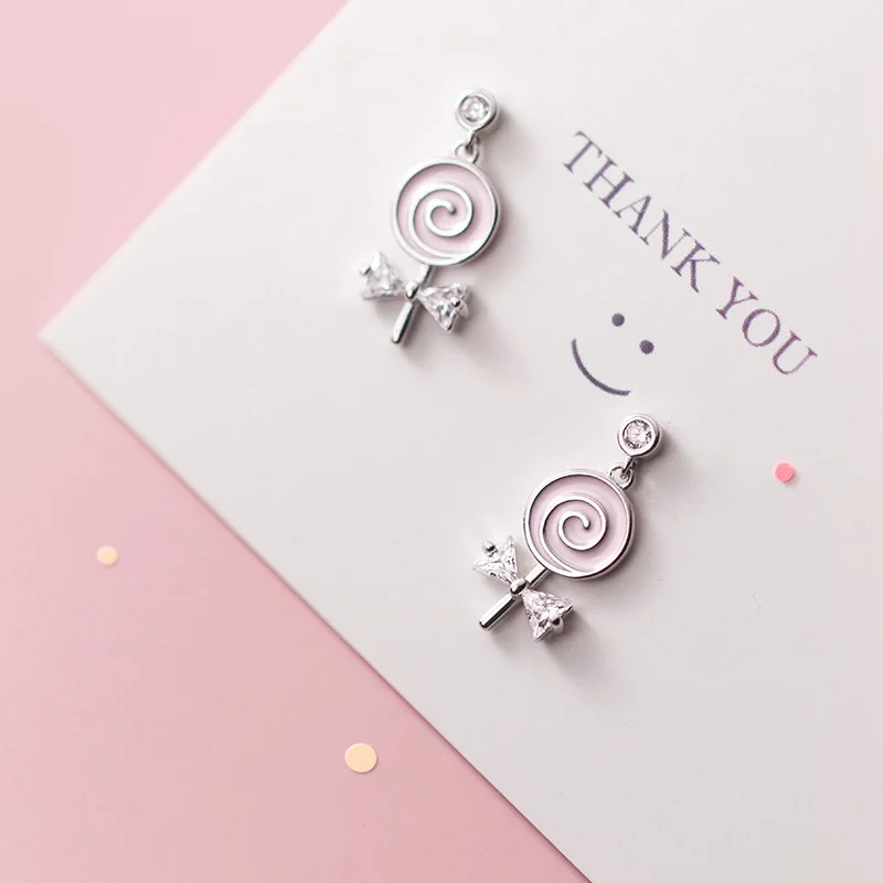 Cute 925 Sterling Silver Pink Candy Lollipop Stud Earrings for Women Sweet Diamonds Bownot Ear Jewelry For Girls Gift