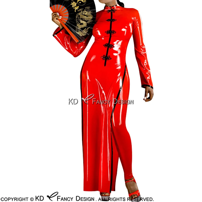 Rosso con Il Nero Trim Sexy in Lattice Aodai Ao Dai Gomma Cheongsam Qibao Vestito Aderente Playsuit LYQ-0085