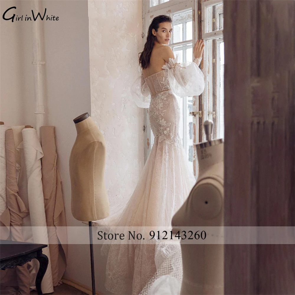 Puff Sleeve Mermaid Wedding Dress 2021 Graceful Strapless Beaded Lace Appliques Backless Bride Removable Bridal Gown