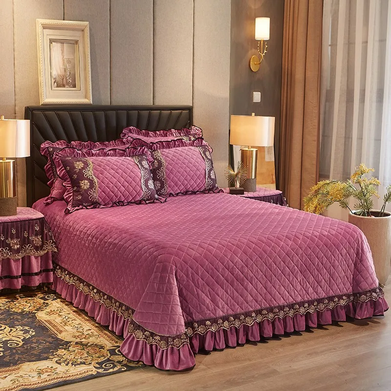 

Velvet Diamond Quilted Bedspread with Drop Dust Ruffles Bed Cover set Super Soft Warm 250X250/250X270cm 3/5Pcs