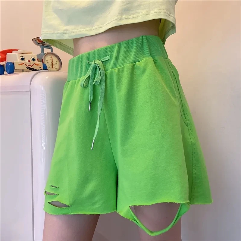 Solid Drawstring Hole Yoga Shorts Korean Style Sport Shorts for Women Running Elastic High Waist Casual Summer Shorts Vintage