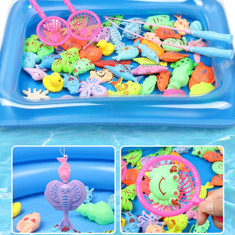 Juego de juguetes de pesca para niños, juego de agua para bebés, caña magnética y peces con piscina inflable, juguetes deportivos al aire libre para niños