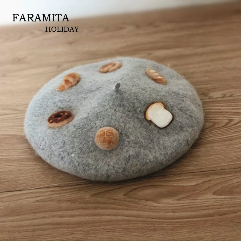 

Faramita Holiday Small Biscuits Baking Bread Wool Felt French Berets Women Kids Gray Handmade Men Beret Painter Hats Cute Cap