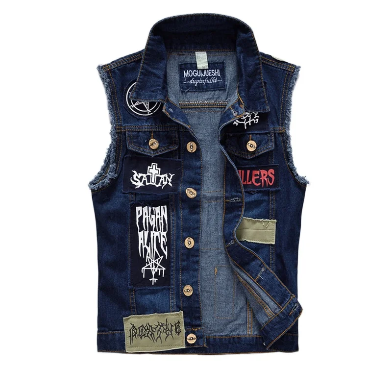 

yelek erkek 2022 Men's Patches Design Jeans Vest Ripped Denim Waistcoat Men Denim Vest Man Sleeveless Jeans Vest Frayed size 6XL