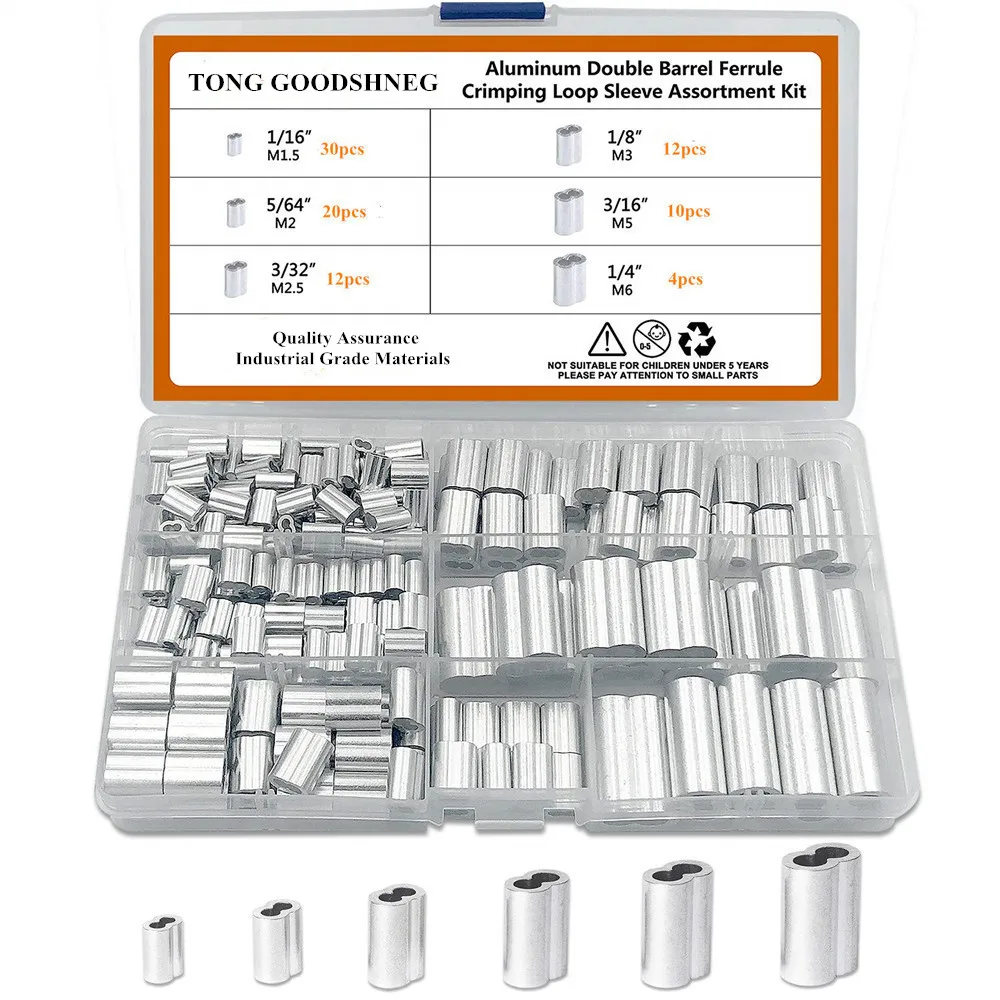 

6 Sizes Aluminum Crimping Loop Sleeve Double Barrel Ferrule Assortment Kit for Wire Rope and Cable 1/16" 5/64" 3/32" 1/8" 3/16"