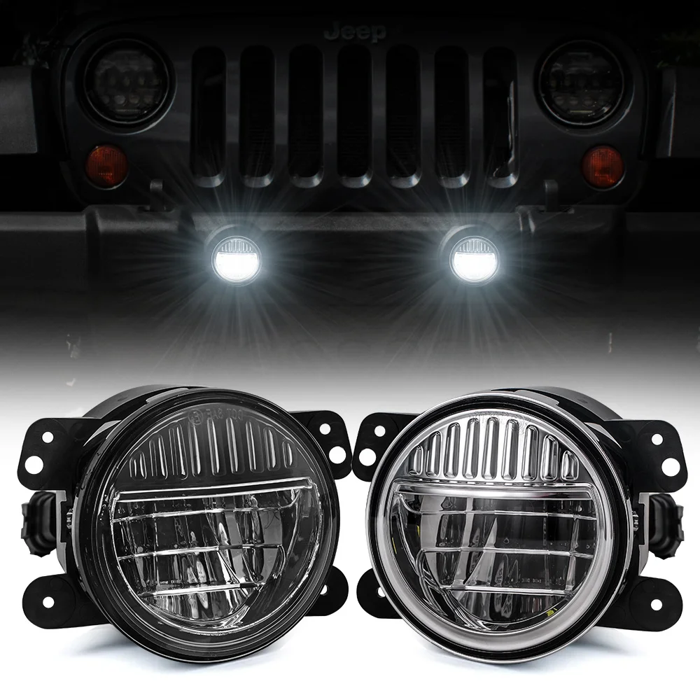 Newest SUP-LIGHT 1 Pair 4 inch Round LED Fog Lights For JK JKU Jeep Wrangler 1997-2017+ Black/Silver Smile Design Fog Lamp