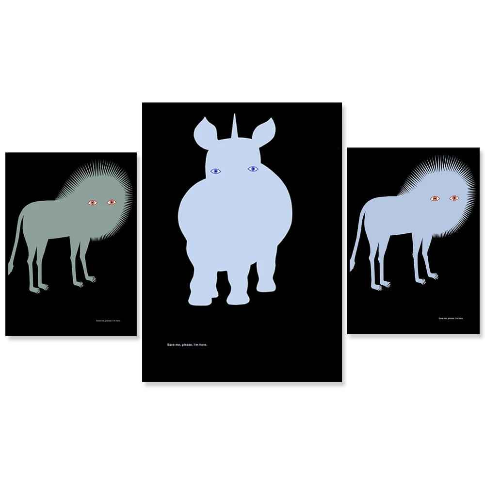 Kazumasa Nagai exhibition poster, print by Nagai Ichimasa, please help me. I am here Peace and Environment Rhino 1993 Edited.