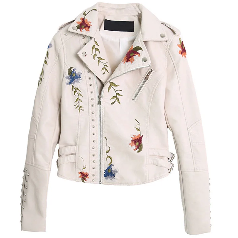 Otoño 2025 mujeres bordado Floral imitación chaqueta de cuero suave abrigos cuello vuelto Casual Pu motocicleta negro Punk prendas de vestir exteriores