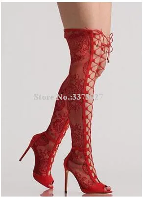 Women Sexy Lace Over the Knee Sandals Boots Fashion Design Stiletto Heel Cross-tie Sandals Long Boots Lady New Banquet Shoes