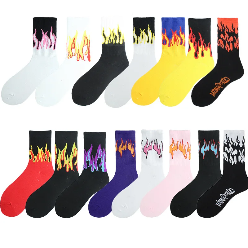 1 pair women Fashion Hip Hop Hit Color On Fire Crew Socks Red Flame Blaze Power Torch Hot Warmth Street Skateboard Cotton Socks