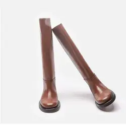 Brown Real Leather Knee High Boots Women Retro Rider Boots Female High Tube Round Toe Winter Warm Rain Boot Shoes Woman Botas